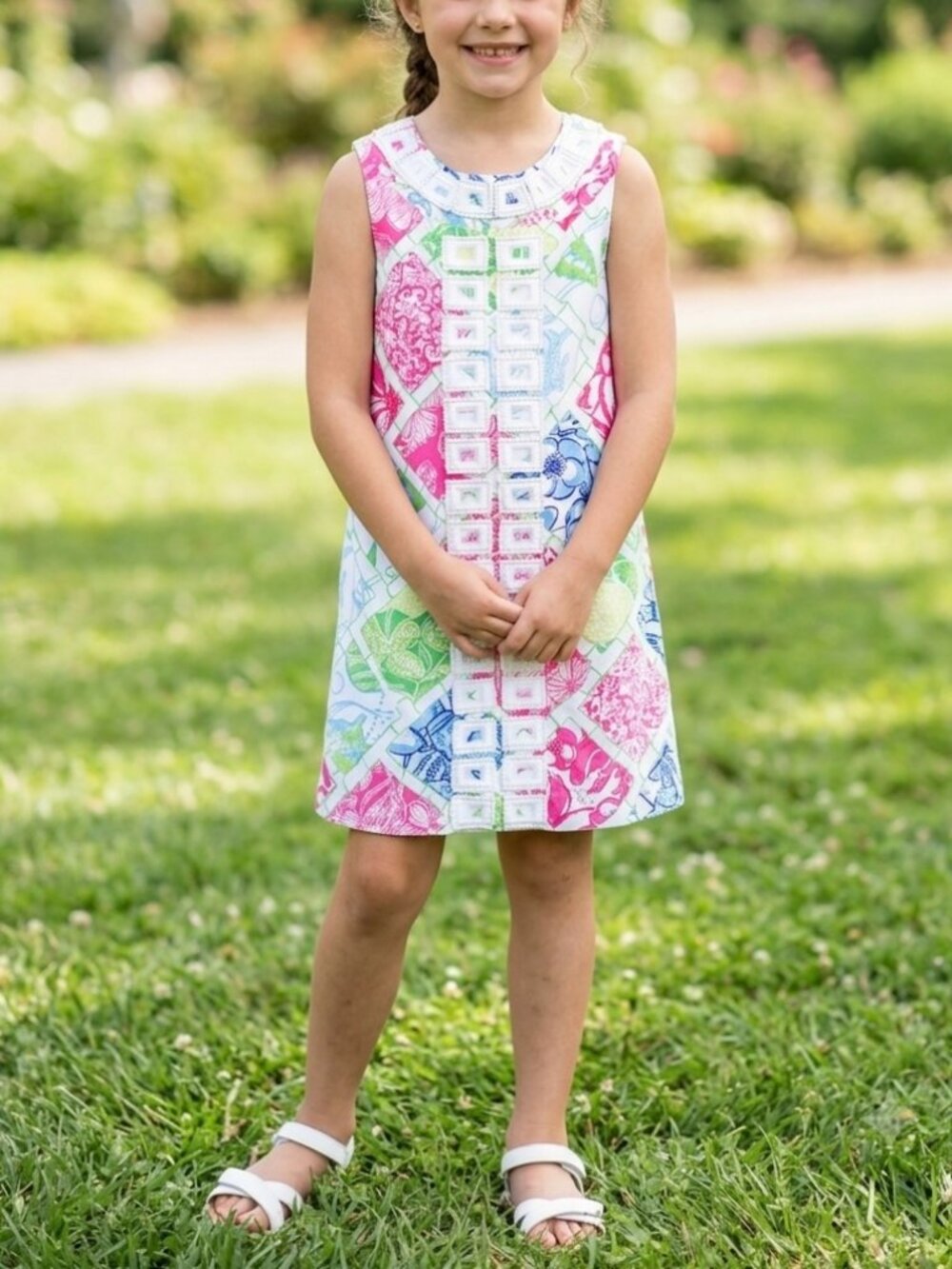 Lilly Pulitzer Jubilee Girls Shift Dress Size 7 Pink Green White Beaded Trim